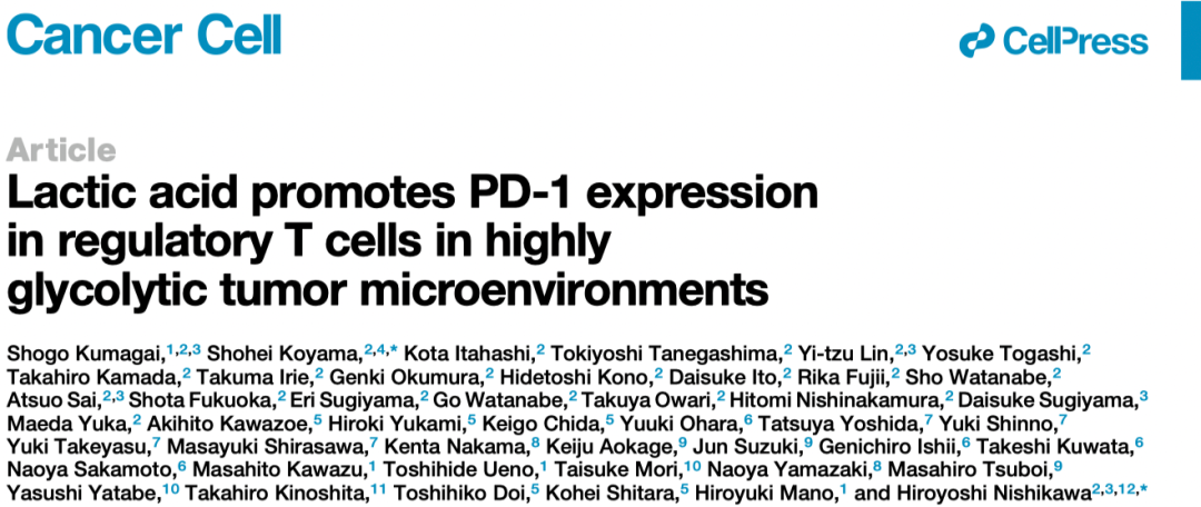 Cancer Cell | 乳酸代謝通過調(diào)節(jié)腫瘤微環(huán)境中PD-1的表達決定了腫瘤免疫治療的有效性